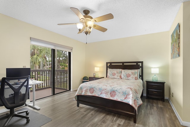 bedroom featuring ceiling fan, wood-type flooring, access to exterior, and a textured ceiling