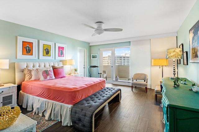 bedroom with ceiling fan, dark hardwood / wood-style flooring, and access to exterior