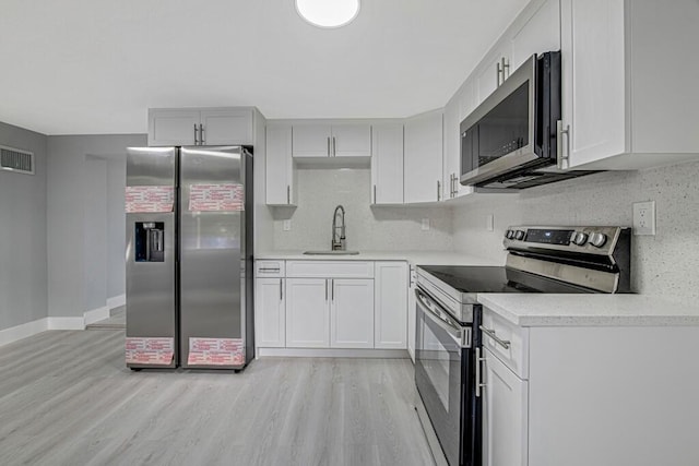 kitchen with white cabinets, sink, decorative backsplash, light wood-type flooring, and appliances with stainless steel finishes