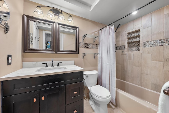 full bathroom with tile patterned floors, vanity, shower / bath combo, and toilet