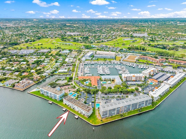 aerial view featuring a water view