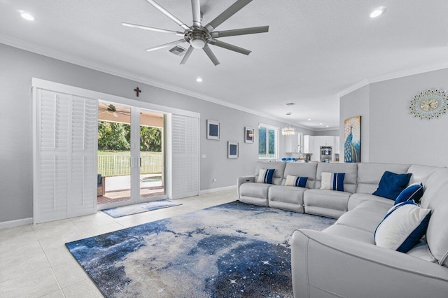 11158 Mainsail Ct, Wellington, FL 33449 - living area with ornamental molding, recessed lighting, baseboards, light tile patterned floors, and a ceiling fan