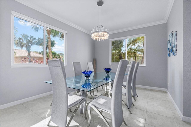 tiled dining space with ornamental molding and a chandelier