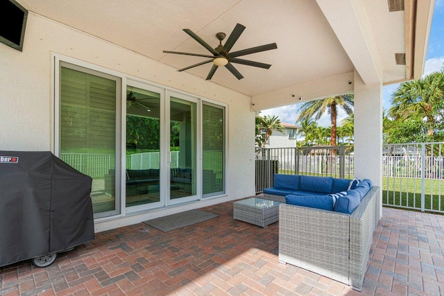 11158 Mainsail Ct, Wellington, FL 33449 - view of patio featuring ceiling fan, a grill, and an outdoor hangout area
