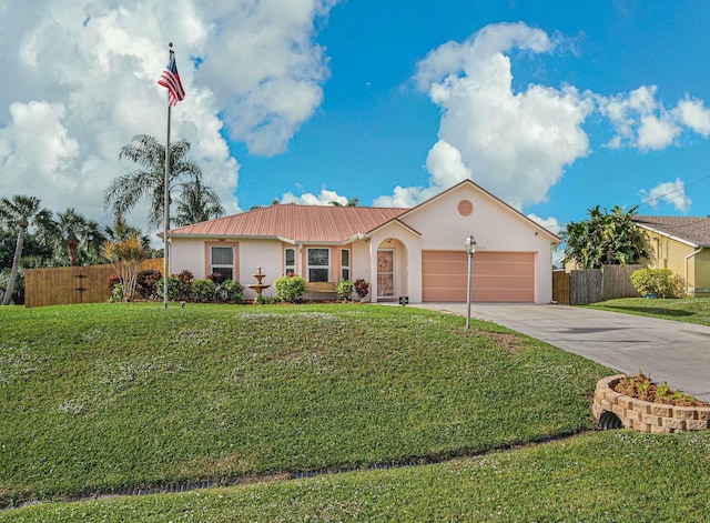 ranch-style home featuring a garage and a front lawn