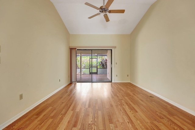 unfurnished room with ceiling fan, light hardwood / wood-style flooring, and vaulted ceiling