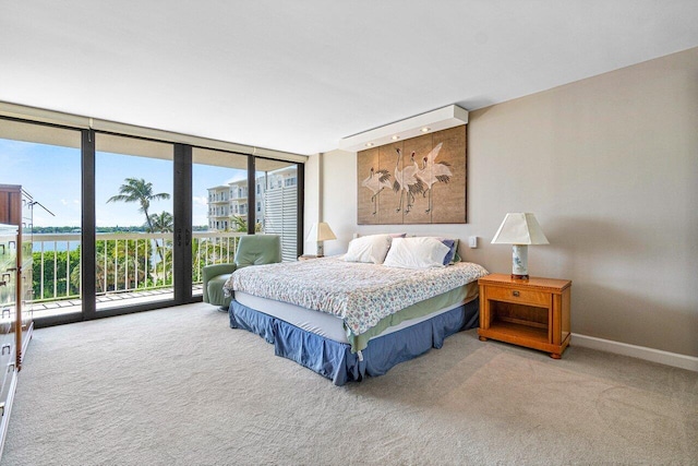 bedroom featuring floor to ceiling windows, access to exterior, and light carpet