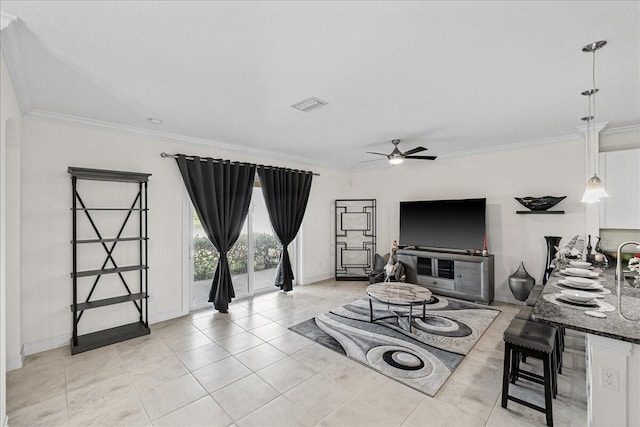 tiled living room with ceiling fan and ornamental molding