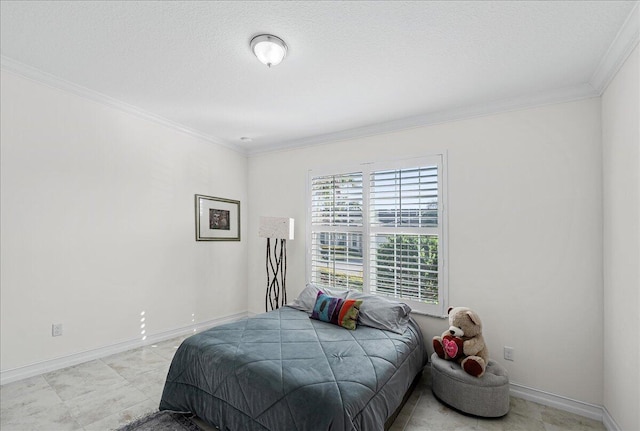 bedroom featuring ornamental molding and a textured ceiling