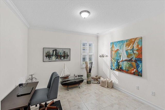 office featuring light tile patterned floors, a textured ceiling, and ornamental molding