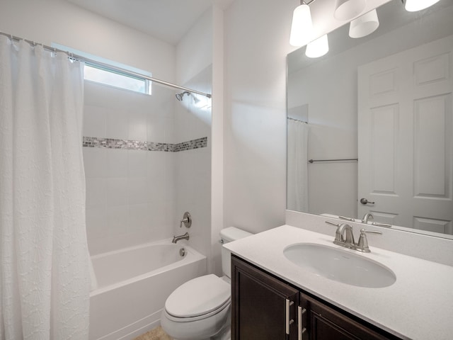 full bathroom featuring toilet, vanity, and shower / bathtub combination with curtain