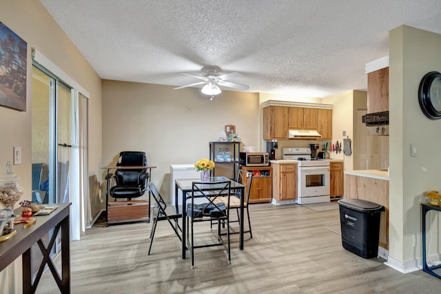 kitchen featuring ceiling fan, light hardwood / wood-style flooring, a textured ceiling, and white electric stove