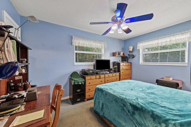 bedroom featuring ceiling fan, a textured ceiling, and multiple windows