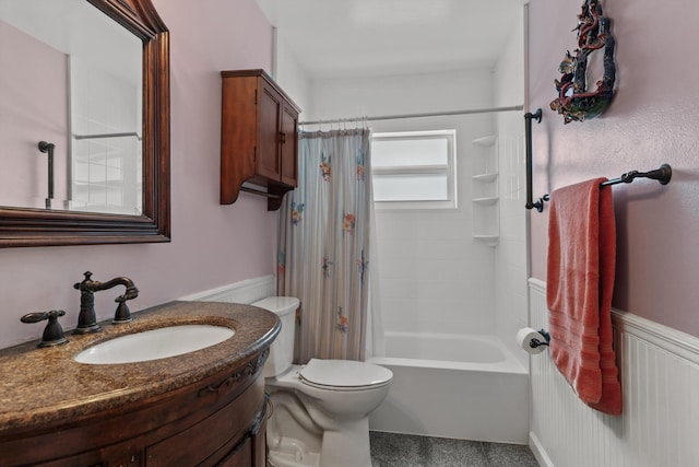 full bathroom with vanity, toilet, and shower / bathtub combination with curtain