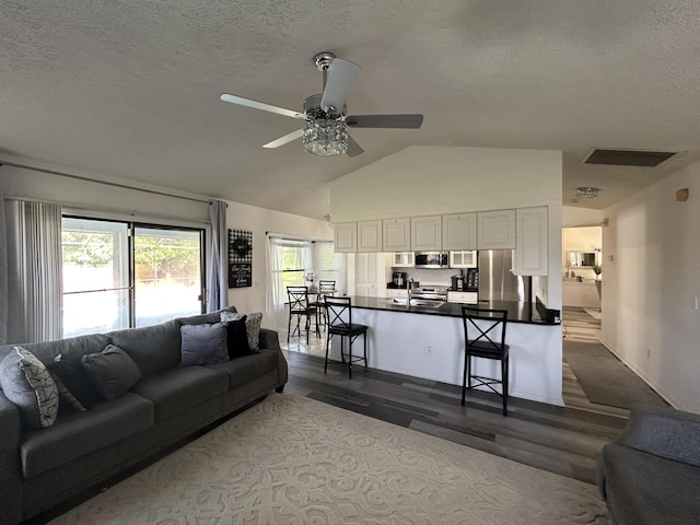 living room featuring ceiling fan, sink, dark hardwood / wood-style floors, a textured ceiling, and vaulted ceiling