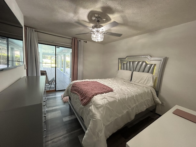 bedroom with a textured ceiling, access to exterior, ceiling fan, and multiple windows