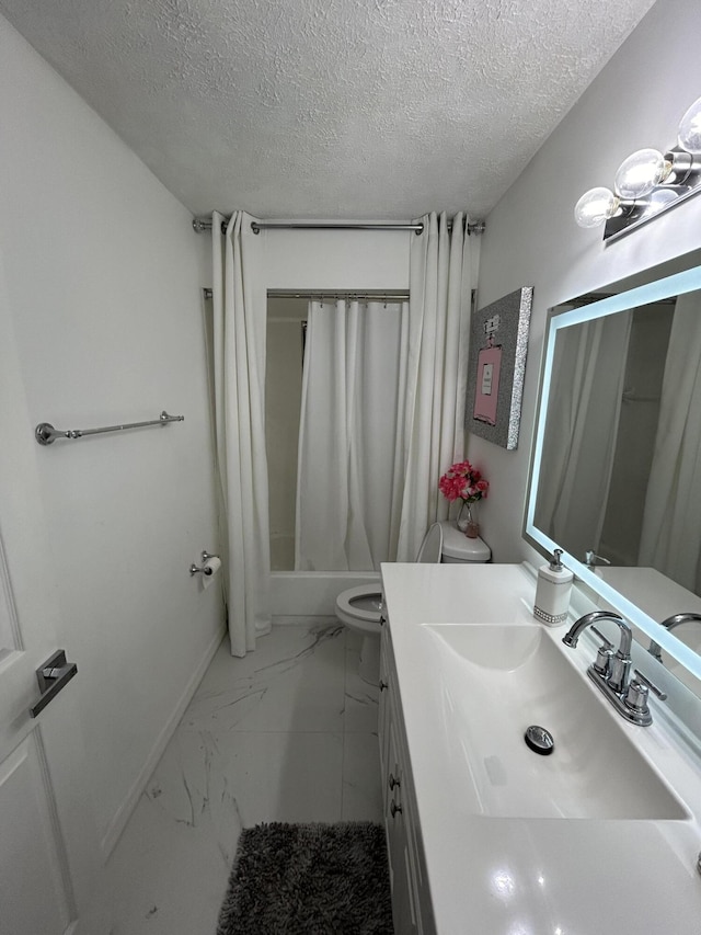 full bathroom featuring vanity, shower / bathtub combination with curtain, a textured ceiling, and toilet