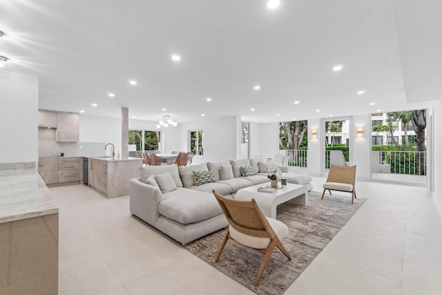 tiled living room with sink