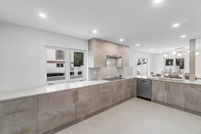 kitchen featuring backsplash, sink, stainless steel dishwasher, and black electric stovetop