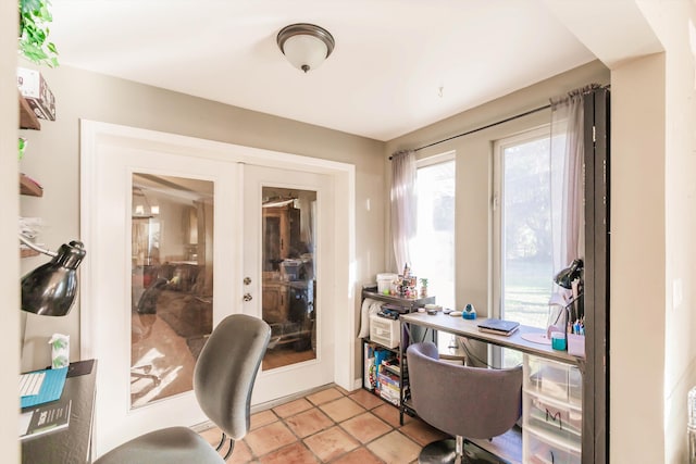 office area with french doors and light tile patterned floors