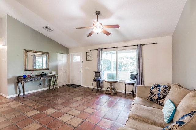 living room with lofted ceiling and ceiling fan