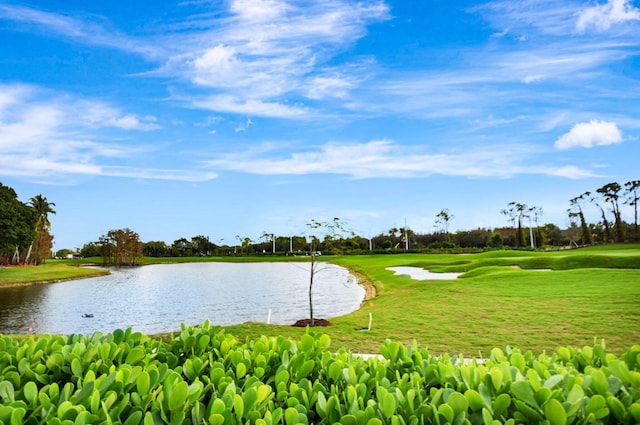 view of community with a lawn and a water view