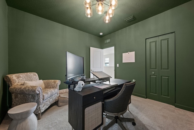 office space featuring light carpet and a notable chandelier