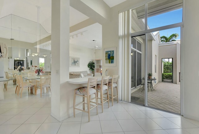 kitchen featuring light tile patterned floors, a towering ceiling, and plenty of natural light