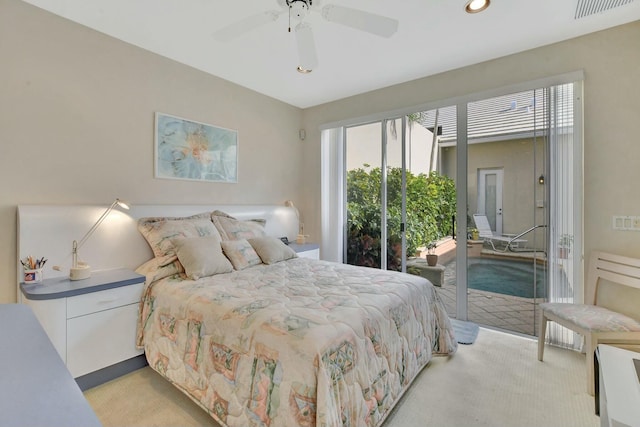 carpeted bedroom featuring access to exterior and ceiling fan