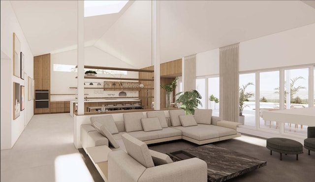 living room with high vaulted ceiling