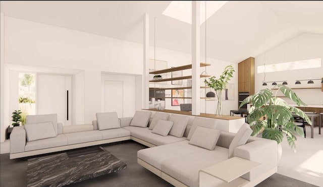 living room featuring lofted ceiling