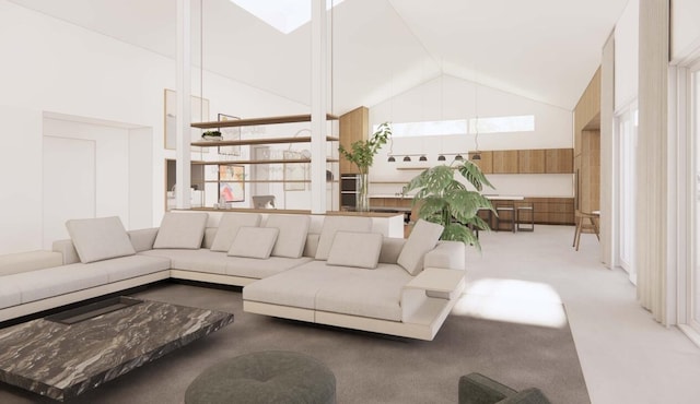 living room with high vaulted ceiling and light colored carpet