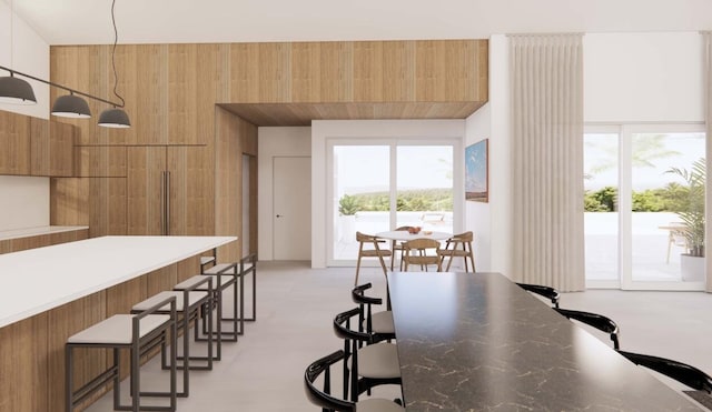 dining area with wood walls and a healthy amount of sunlight