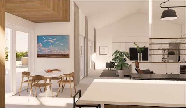 interior space with wood ceiling, black refrigerator, hanging light fixtures, high vaulted ceiling, and white cabinets