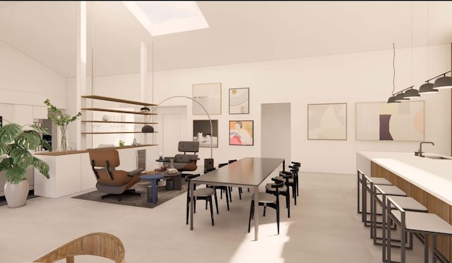 dining room with vaulted ceiling with skylight and sink