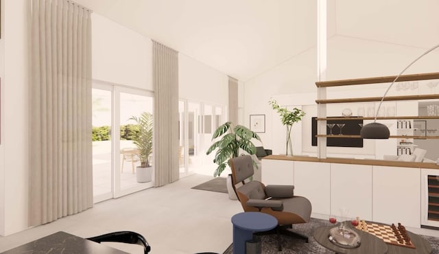 living room featuring high vaulted ceiling