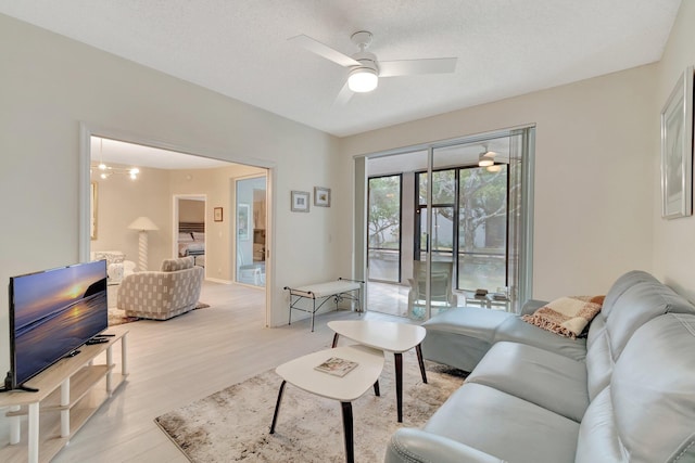 living room with ceiling fan, a textured ceiling, and light hardwood / wood-style flooring