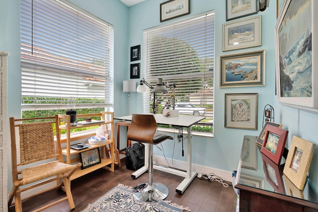 home office with dark hardwood / wood-style flooring