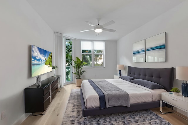 bedroom featuring ceiling fan and light wood-type flooring