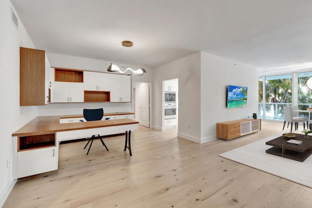 home office with light hardwood / wood-style floors and a wall of windows