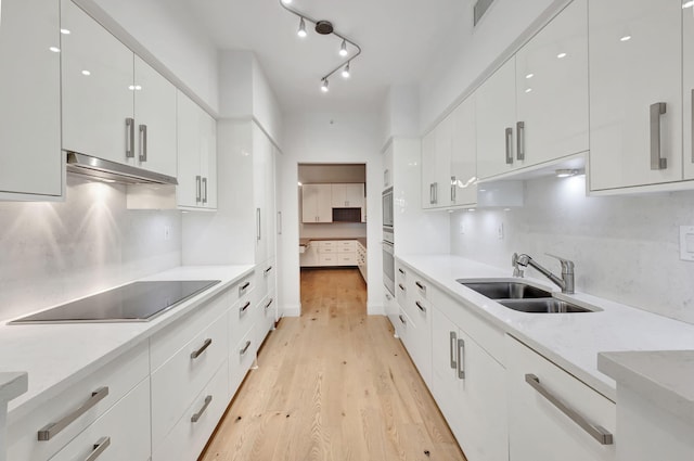 kitchen with black electric stovetop, white cabinets, sink, light hardwood / wood-style flooring, and light stone countertops