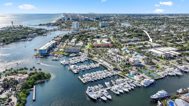 bird's eye view with a water view