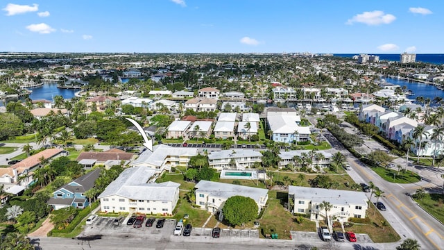 aerial view featuring a water view