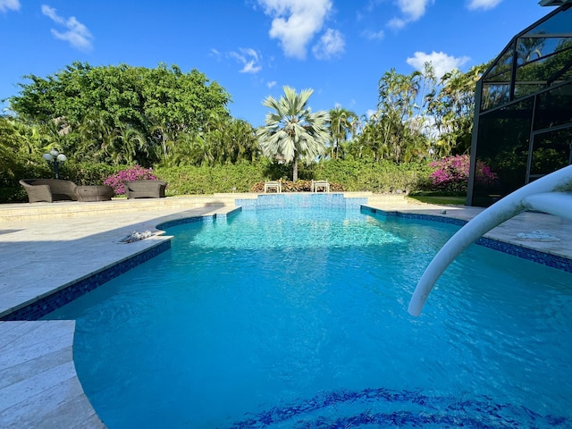 view of pool featuring a patio area and a lanai