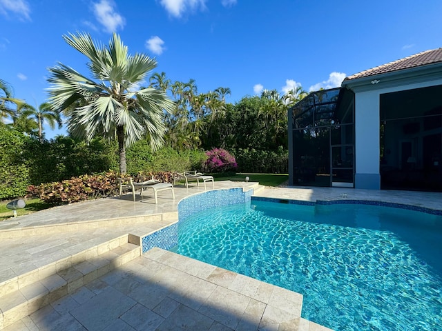 view of swimming pool featuring a lanai and a patio