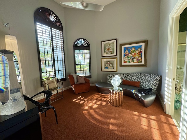 living area with ceiling fan and carpet