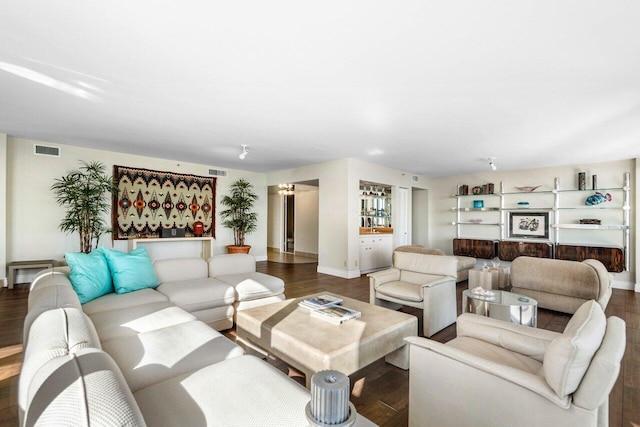 living room featuring dark wood-type flooring