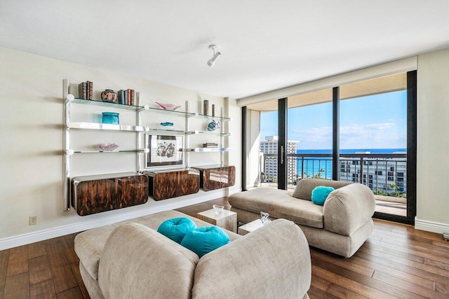 living room featuring floor to ceiling windows, a water view, and wood-type flooring