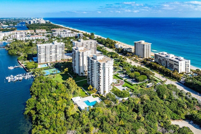 birds eye view of property featuring a water view