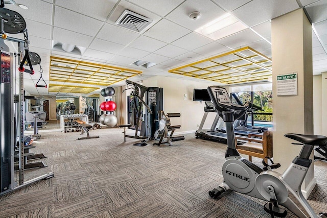 workout area with carpet floors